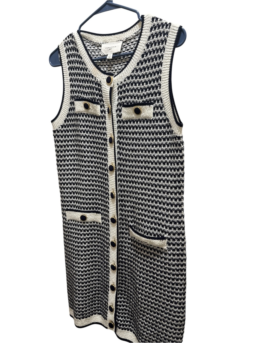 Pomander Place Black and Cream Knit Button-Front Shift Dress